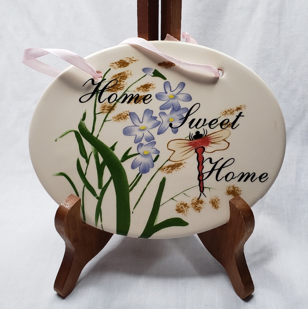 Ceramic Hanging Home Sweet Home Sign Flowers Dragonfly Pink Ribbon
